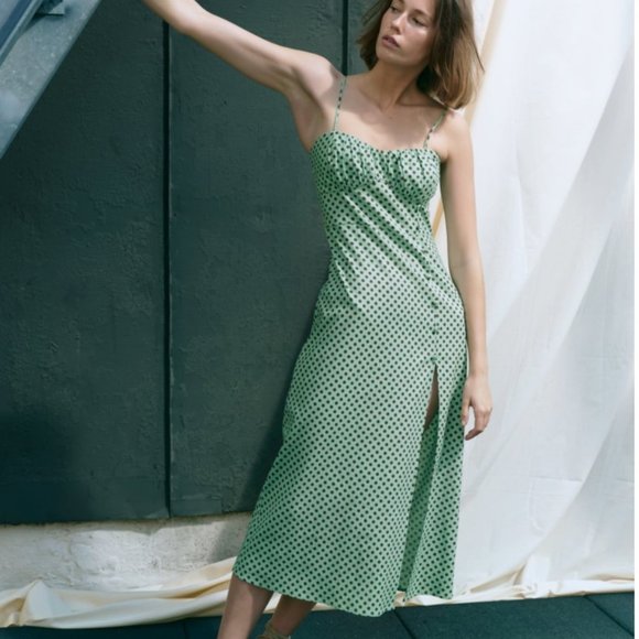 Zara Turquoises Linen Blend Polka Dot Dress - Picture 3 of 10